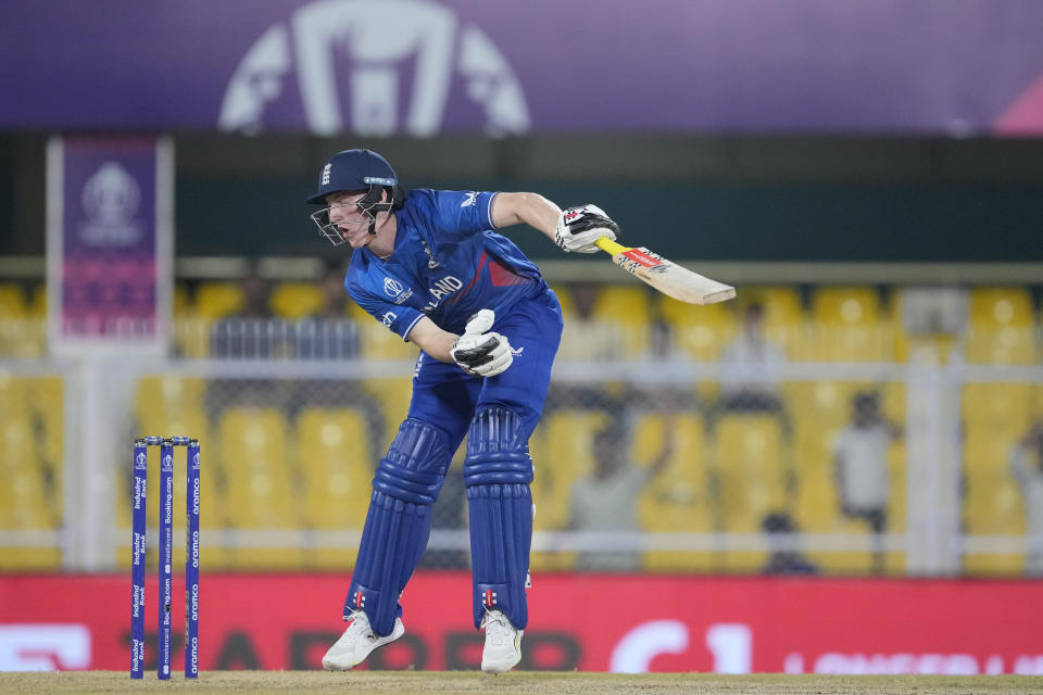 England's Harry Brook bats during the ICC Cricket World Cup warm up match between Bangladesh and England in Guwahati, India, Monday, Oct.2, 2023. (AP Photo/Anupam Nath)