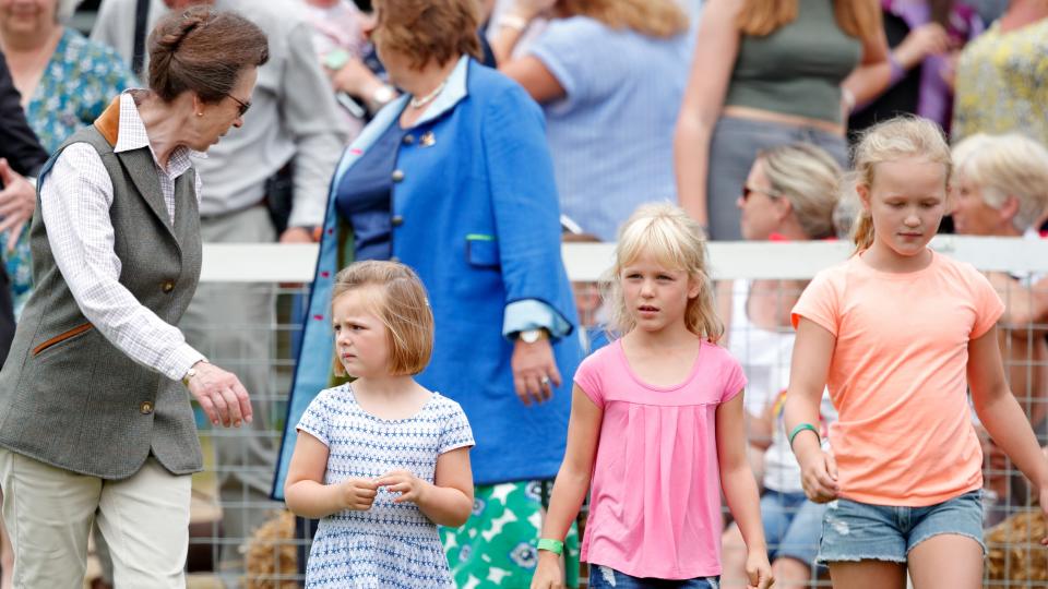 Princess Anne, Princess Royal and granddaughters Mia Tindall, Isla Phillips and Savannah Phillips attend day 2 of the 2019 Festival of British Eventing