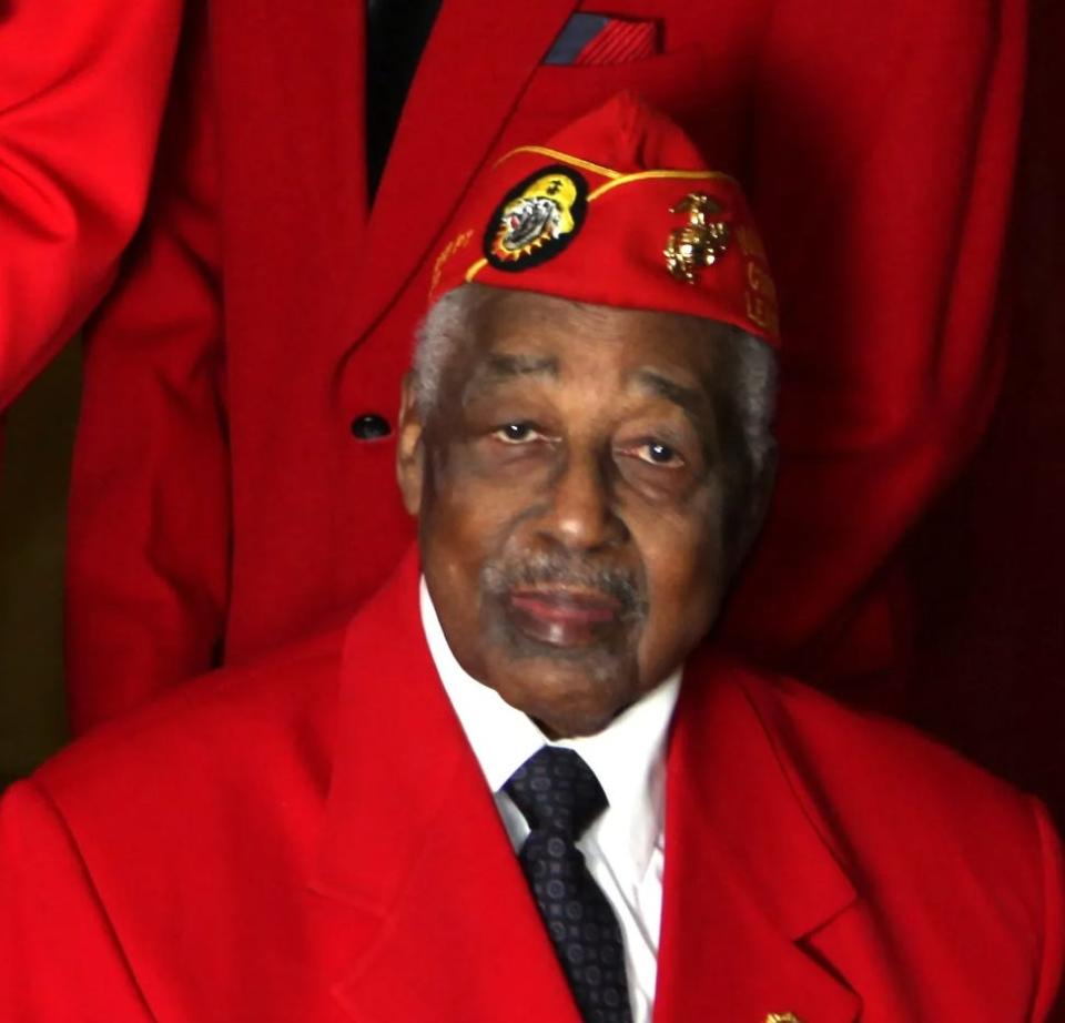 At 90 years old, the late Earl Fisher Hood Sr. (Oct. 15, 1922 - Jan. 24, 2013) posed for a portrait with other former Montford Point Marines.  They were the first Black Marines to go through a segregated boot camp at Montford Point between 1942-1949 before many were sent to serve and fight in the South Pacific. In 2012, the Congressional Gold Medal was presented collectively to the Montford Point Marines "in recognition of their personal sacrifice and service to their country during World War II."