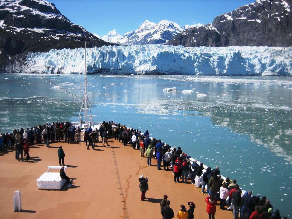 Cruise ship passengers take in the view of Glacier Bay's famous Margerie Glacier.
