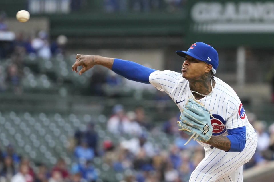 Chicago Cubs starting pitcher Marcus Stroman throws against the Pittsburgh Pirates during the first inning of a baseball game in Chicago, Thursday, June 15, 2023. (AP Photo/Nam Y. Huh)