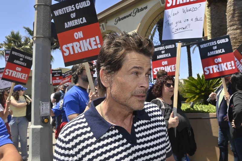 Rob Lowe joined strikers on the picket line in Los Angeles on May 2. File Photo by Jim Ruymen/UPI