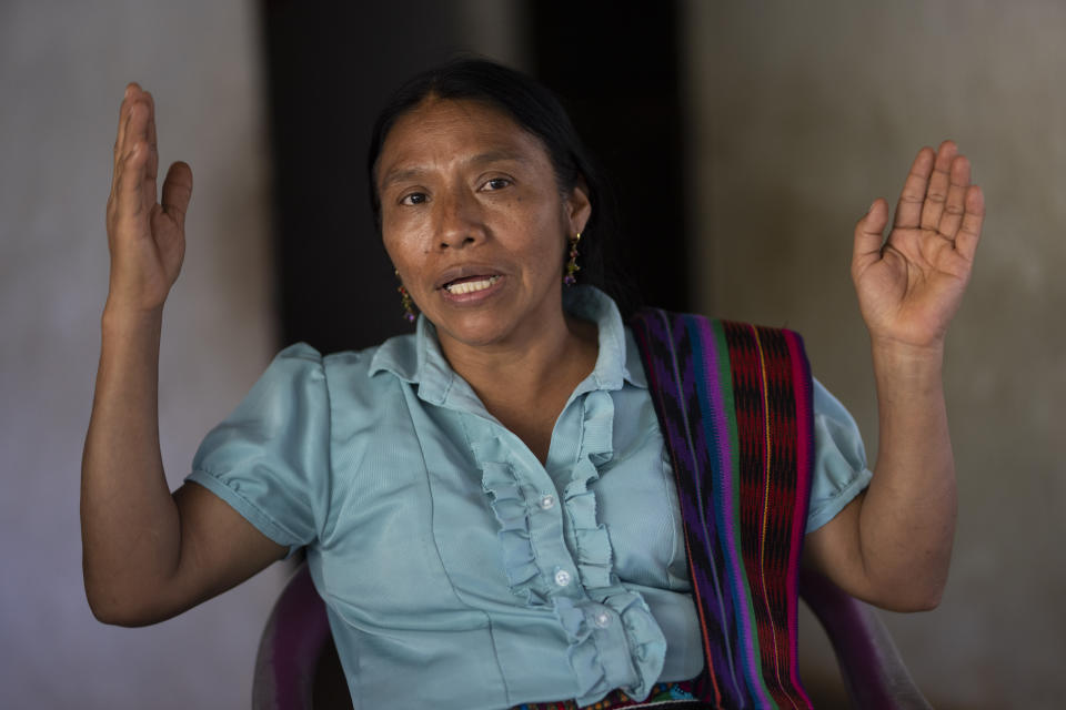 Thelma Cabrera, presidential hopeful for the Movement for the Liberation of the People, MLP, party, gives an interview at her home in El Asintal, Guatemala, Monday, March 13, 2023. Cabrera and the MLP are waiting for the Supreme Electoral Tribunal to approve the candidacy of her running-mate Jordan Rodas, ahead of 2023 general elections. (AP Photo/Moises Castillo)