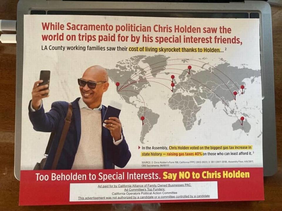 A mailer from the California Alliance of Family Owned Businesses, funded by McDonald’s franchise owners, attacks Assemblyman Chris Holden, D-Pasadena, who is running for a seat on the Los Angeles County Board of Supervisors. Holden authored bills to improve fast food working conditions and raise employee wages.