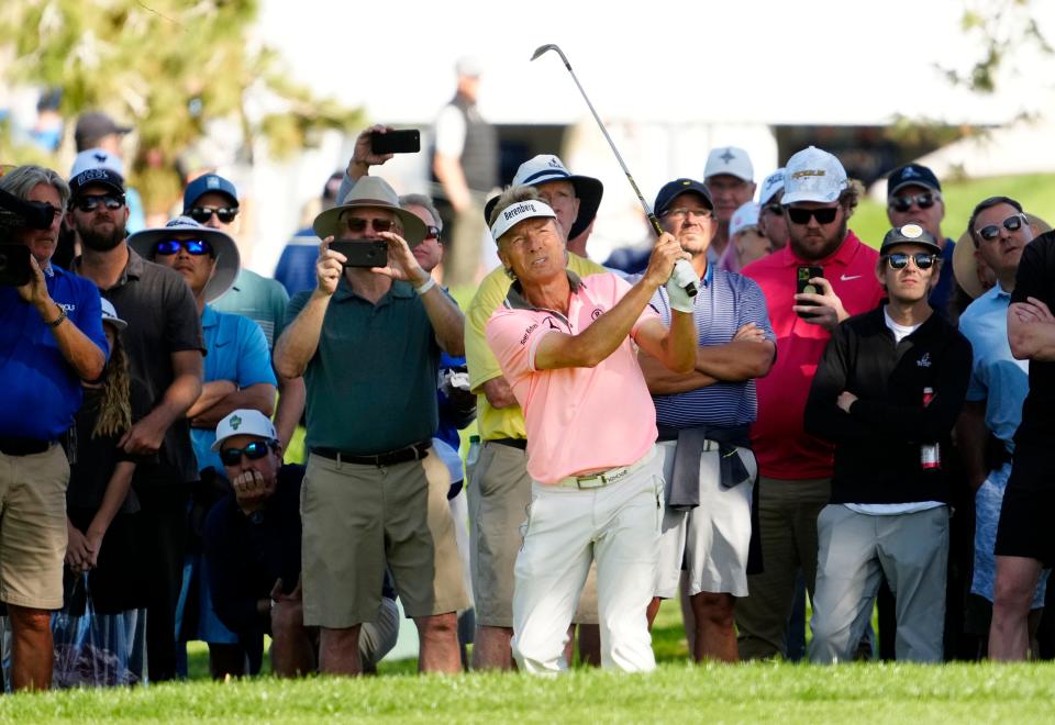 Nov 11, 2022; Phoenix, AZ, USA; Bernhard Langer plays his shot on the seventh hole during round two of the Charles Schwab Cup at Phoenix Country Club.  at Phoenix Country Club. Mandatory Credit: Rob Schumacher-Arizona Republic
