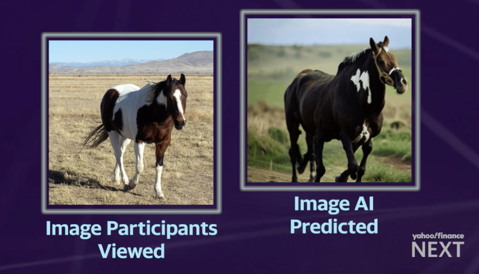 Αριστερά είναι η φωτογραφία που έδειξε στους συμμετέχοντες η ομάδα της Meta's Fundamental AI Research.  Η εικόνα στα δεξιά δείχνει την εικόνα που ανακατασκεύασε το AI αποκωδικοποιώντας την εγκεφαλική δραστηριότητα των συμμετεχόντων. 