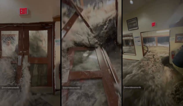 Screen captures from the video of the wave breaking through the doors of a building on Roi-Namur on Jan. 20, 2024 (Erik Hanson)