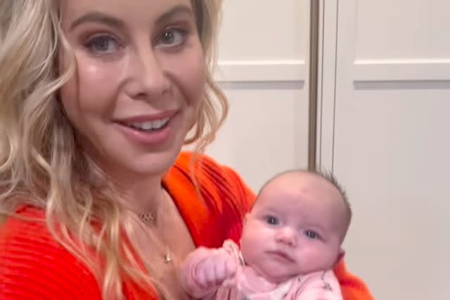<p>Tara Lipinski/Instagram</p> Tara Lipinski celebrates her first Thanksgiving as a mom with baby Georgie