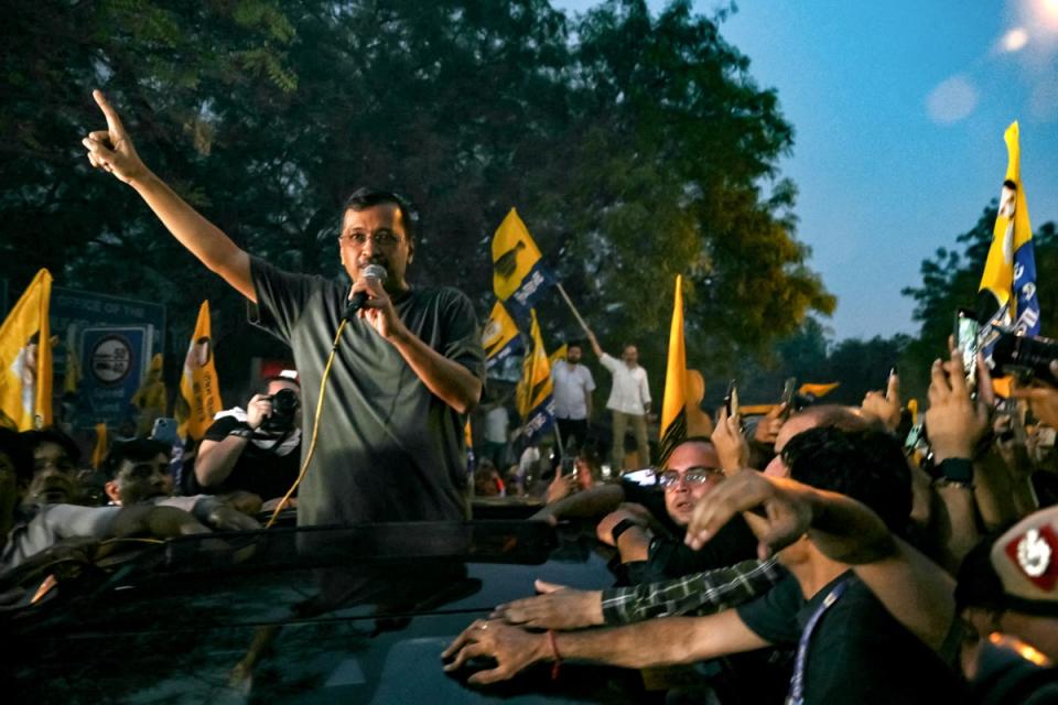 Arvind Kejriwal addresses his supporters and party members upon his release from the prison (Getty)