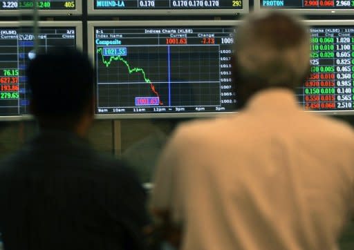 Investors monitor stock market prices in Kuala Lumpur, 2009. Asian markets mostly fell Friday as weak Chinese trade data reinforced concerns of a slowdown in the world's number two economy, while profit-taking after a week-long rally added to selling pressure