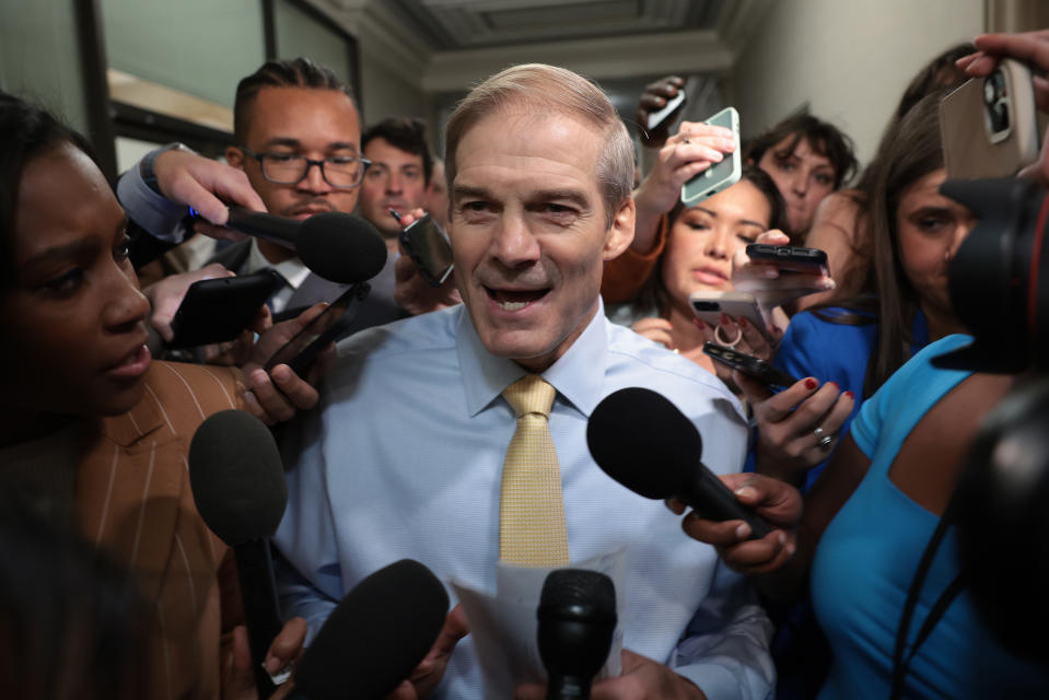 Rep. Jim Jordan speaks with reporters after a Republican Caucus meeting on Capitol Hill on Friday. (Win McNamee/Getty Images)