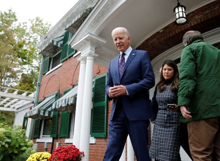 Democratic 2020 U.S. presidential candidate and former Vice President Joe Biden leaves a campaign town hall meeting in Rochester