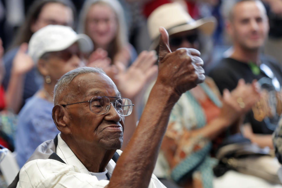 FILE - In this Sept. 12, 2019 file photo, World War II veteran Lawrence Brooks celebrates his 110th birthday at the National World War II Museum in New Orleans. Brooks, the oldest World War II veteran in the U.S. — and believed to be the oldest man in the country — died on Wednesday, Jan. 5, ,2022 at the age of 112. (AP Photo/Gerald Herbert, File)