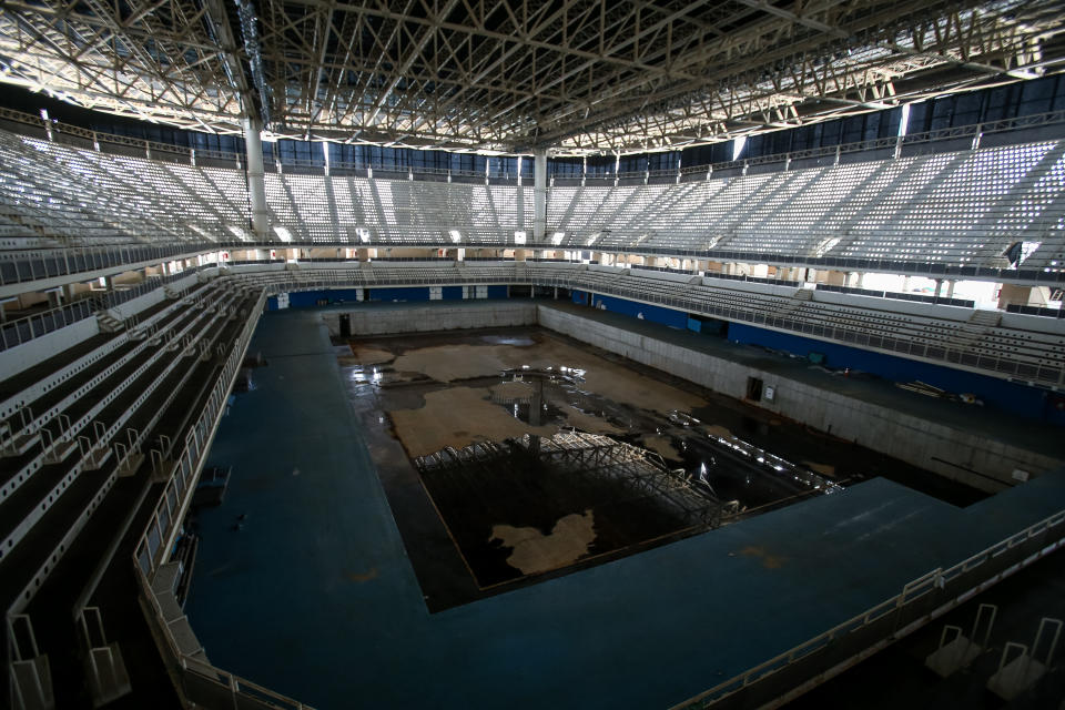 RIO DE JANEIRO, BRAZIL - MAY 20: A view from the mostly abandoned Olympic Aquatics stadium at the Olympic Park on May 20, 2017 in Rio de Janeiro, Brazil. In the nine months after the Olympic games, very few events have been organised in the Olympic Park venues. The Olympic Aquatics stadium was to be dismantled, but it continues abandoned with no obvious signs of dismantlement. In addition, numerous areas of standing water can be found inside and outside the venue in the former official and training pools, making them dengue and zika risk areas. (Photo by Buda Mendes/Getty Images)