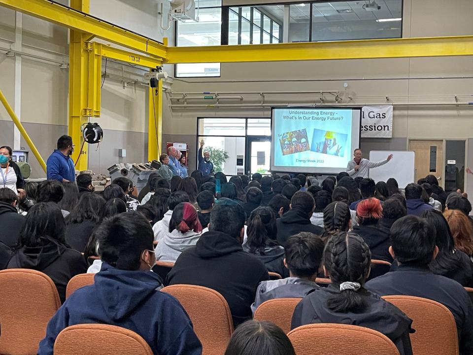 Students listen to a presentation during a breakout session at the San Juan College School of Energy's Energy Week event, an annual gathering designed to introduce San Juan and McKinley county schoolchildren to many of the basics of energy production.