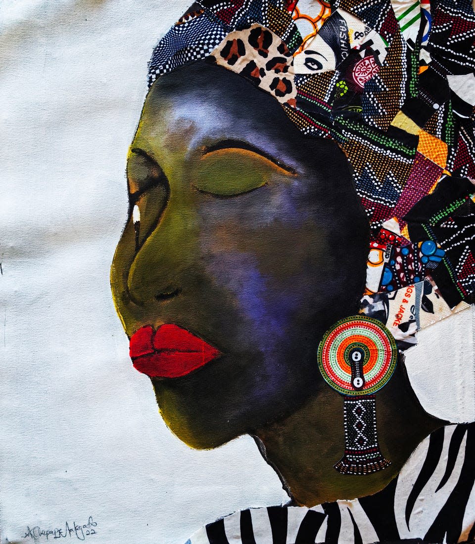 Chepape Makgato, "Humming African Song," 2022, acrylic and textile on canvas. On loan from the artist.