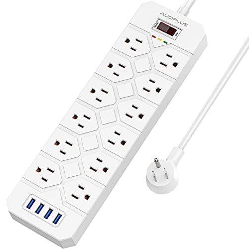 Power Strip Flat Plug, AUOPLUS Surge Protector with 12 Outlets and 4 USB Ports, 6.6 Feet Long E…