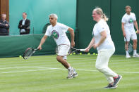 Mayor of London Sadiq Khan plays tennis with key workers at the All England Lawn Tennis Club in Wimbledon, south west London, during an event to thank members of the NHS, TfL and care workers for their service during the coronavirus pandemic.