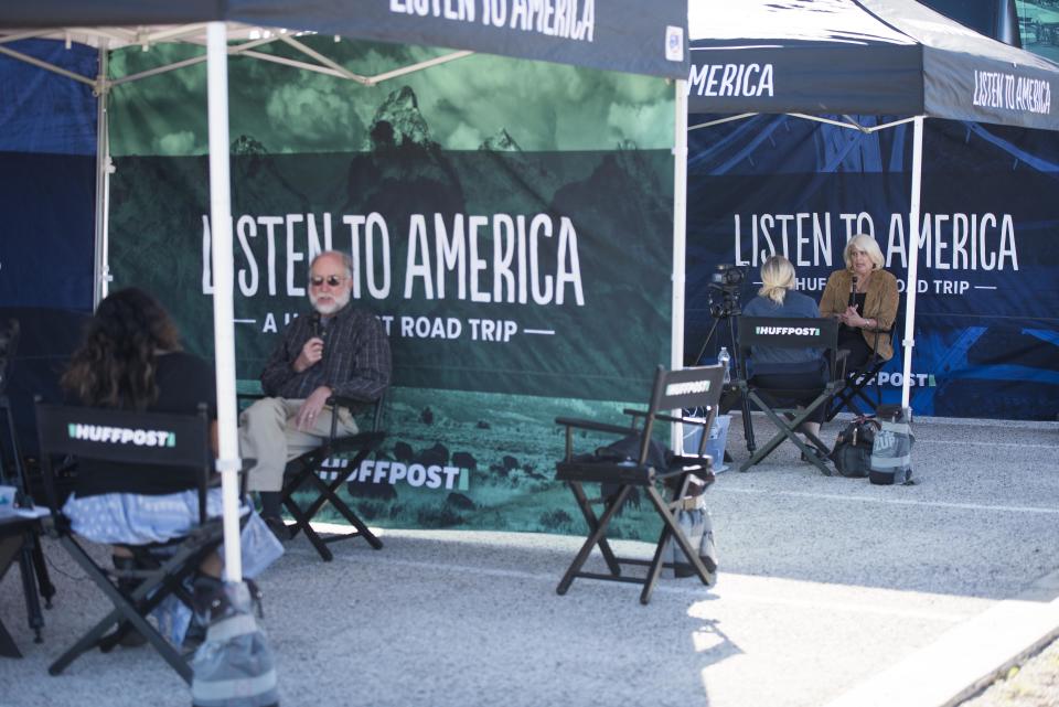 Interviewees sit in tents during HuffPost's visit to Odessa.