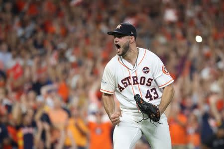 Oct 21, 2017; Houston, TX, USA; Houston Astros relief pitcher Lance McCullers Jr. (43) reacts after striking out New York Yankees right fielder Aaron Judge (not pictured) in the eighth inning during game seven of the 2017 ALCS playoff baseball series at Minute Maid Park. Thomas B. Shea-USA TODAY Sports