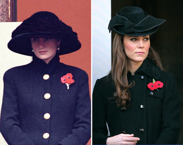 <div class="caption-credit"> Photo by: Reuters Photographer/Reuters (Diana), Indigo/Getty</div><div class="caption-title">A day to remember</div>Diana never met her son's wife, but her life and Kate's have included many of the same events and even the same outfits. Here, Diana attends Armistice Day in 1992, in a typically dramatic hat, a black jacket with over-sized gold buttons and a Flanders Poppy pin. Newlywed Kate shows masculine tailoring and a very similar pin at the same event on November 13, 2011. Armistice Day, or Remembrance Day in the U.K. is a tribute to veterans. Today, we remember Diana, and extend our sympathy to her sons and their loved ones. <br> <br> More on Shine: <br> <a rel="nofollow noopener" href="http://yhoo.it/xYbZ2i" target="_blank" data-ylk="slk:Kate Middleton's 10 Most Dazzling Looks;elm:context_link;itc:0;sec:content-canvas" class="link ">Kate Middleton's 10 Most Dazzling Looks</a> <br> <a rel="nofollow noopener" href="http://yhoo.it/JsQYVU" target="_blank" data-ylk="slk:Kate Middleton, Queen of Hats;elm:context_link;itc:0;sec:content-canvas" class="link ">Kate Middleton, Queen of Hats</a> <br> <a rel="nofollow noopener" href="http://yhoo.it/Ufeet5" target="_blank" data-ylk="slk:Kate Middleton wears mother's dress for first public speech;elm:context_link;itc:0;sec:content-canvas" class="link ">Kate Middleton wears mother's dress for first public speech</a> <br>