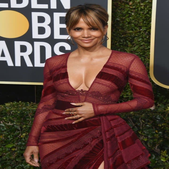 Halle Berry in a long-sleeved V-cut dress at the Golden Globes