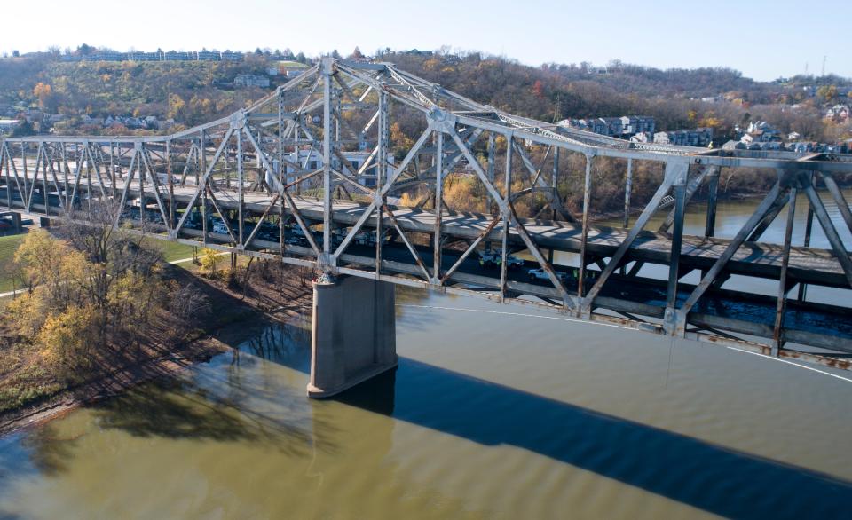 A view of the closed Brent Spence Bridge on Thursday, Nov. 12, 2020. A truck carrying potassium hydroxide crashed into a jackknifed truck early Wednesday, sparking an intense fire.