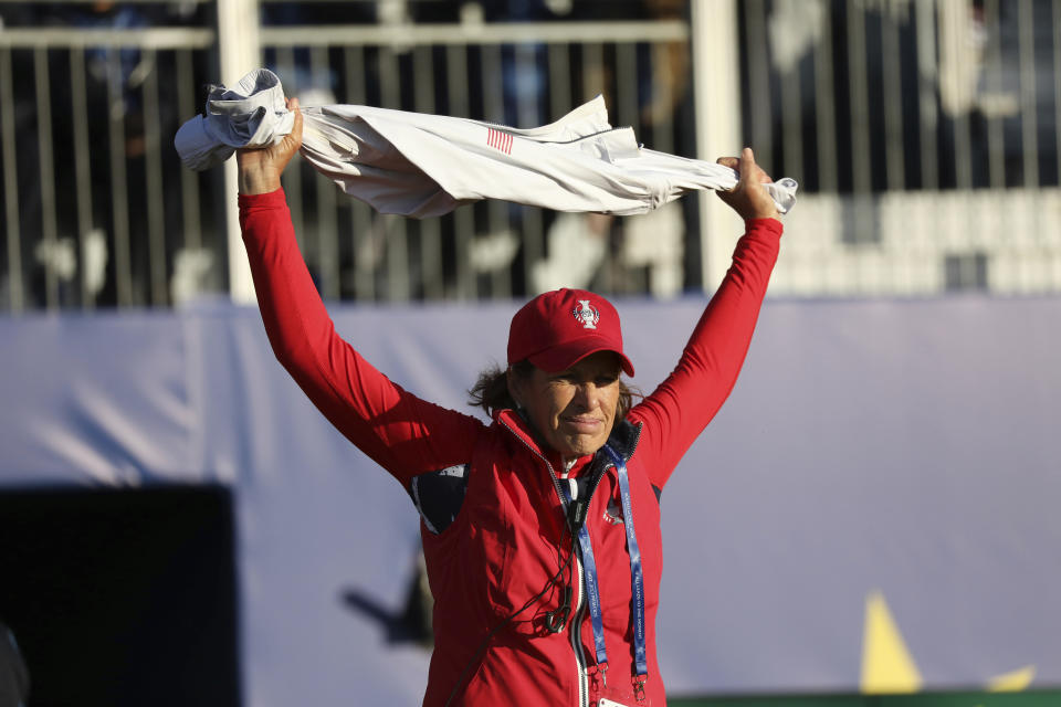 US captain Juli Inkster on the 1st tee during the start of the Solheim cup at Gleneagles, Auchterarder, Scotland, Friday, Sept. 13, 2019. (AP Photo/Peter Morrison)