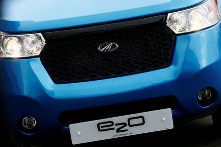 FILE PHOTO: The badge of a Mahindra e2o electric car is seen in London, Britain, April 15, 2016. REUTERS/Stefan Wermuth/File Photo