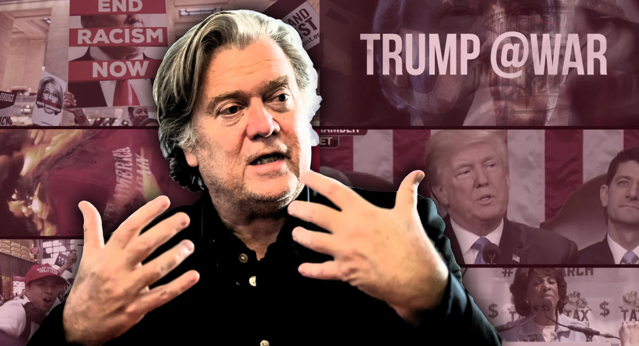 Steve Bannon and stills from “Trump @War.”(Photo illustration: Yahoo News; photos: J. Scott Applewhite/AP, Trump @War)