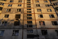 A building damaged by multiple shelling stands in Kharkiv, Ukraine, Sunday, May 15, 2022. (AP Photo/Bernat Armangue)