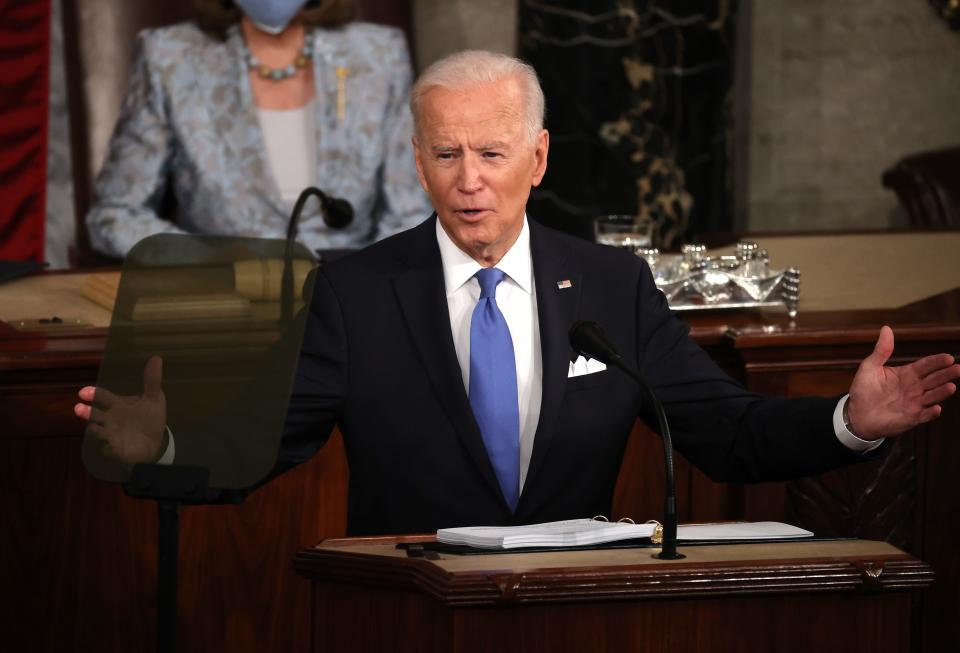 U.S. President Joe Biden addresses a joint session of congress in the House chamber of the U.S. Capitol April 28, 2021 in Washington, DC. On the eve of his 100th day in office, Biden spoke about his plan to revive America’s economy and health as it continues to recover from a devastating pandemic.