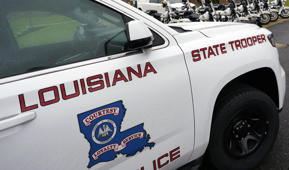 FILE - This Sept. 25, 2020, file photo, shows a Louisiana State Police vehicle in Louisiana. New court filings show Louisiana State Police troopers joked in a group text about beating a Black man after a high-speed chase last year, saying the beating would give the man “nightmares for a long time.” The May 2020 arrest of Antonio Harris bears strong resemblance to the State Police pursuit a year earlier that ended in the still-unexplained death of Ronald Greene. (AP Photo/Rogelio V. Solis, File)