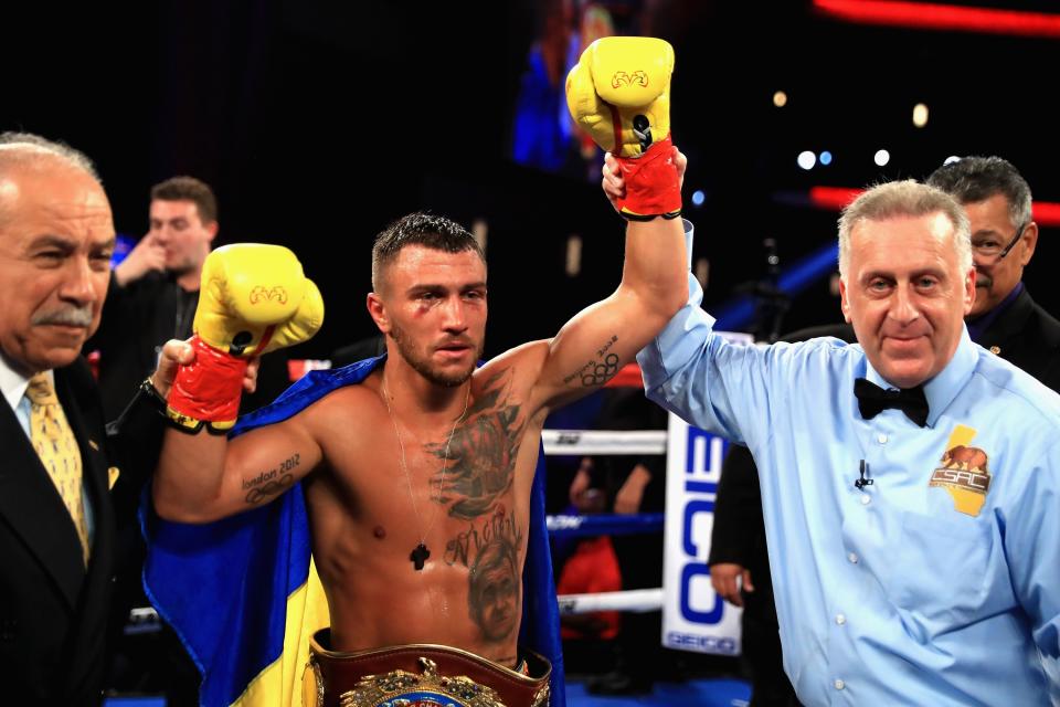 Vasyl Lomachenko reacts after defeating Miguel Marriaga by TKO in the seventh round. (Getty)