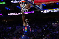 Philadelphia 76ers' Joel Embiid dunks the ball during the first half of an NBA basketball game against the Los Angeles Clippers, Friday, Jan. 21, 2022, in Philadelphia. (AP Photo/Matt Slocum)