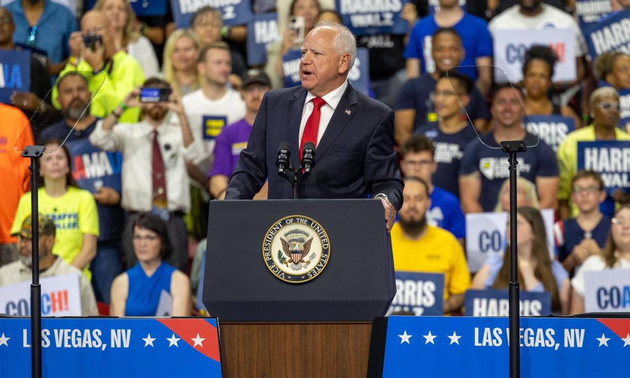 <span>Tim Walz speaks at the campaign rally with Kamala Harris in the lead up to the presidential election.</span><span>Photograph: Phil Lewis/SOPA Images/REX/Shutterstock</span>