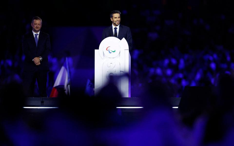 Paris 2024 president Tony Estanguet gives a speech