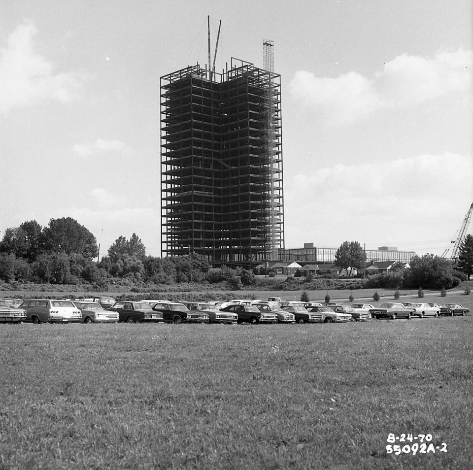 In this undated photo provided by the National Museum of Industrial History, the steel skeleton of Martin Tower in Bethlehem, Pa, is seen in this 1970 photo. The 21-story building, the former global headquarters of defunct steelmaker Bethlehem Steel Corp., is set to be imploded on May 19, 2019. (National Museum of Industrial History via AP)