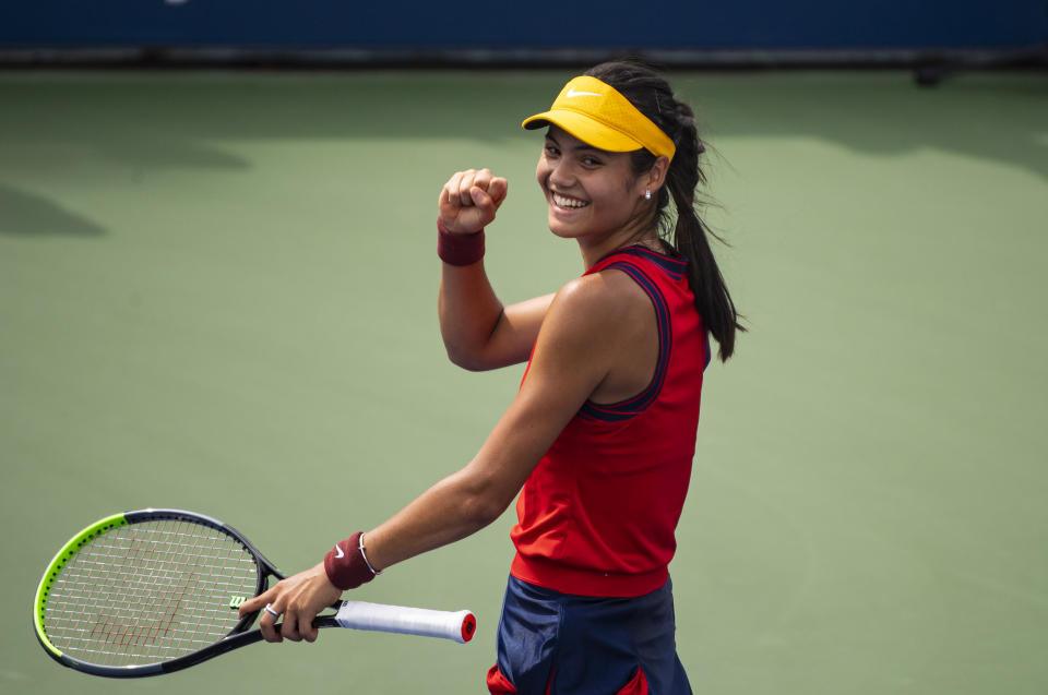 Pictured here, Britain's Emma Raducanu celebrates her first round win at the US Open. 