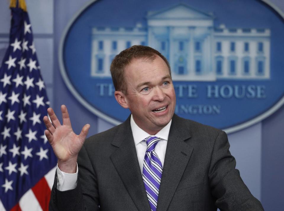 FILE - In this Feb. 27, 2017 file photo, Budget Director Mick Mulvaney speaks to reporters during a daily press briefing at the White House in Washington. Republican leaders embarked on an ambitious plan Tuesday to try to sell their new health care proposal to rank-and-file lawmakers and the public, absent specifics on costs or how many Americans will be covered. (AP Photo/Manuel Balce Ceneta, File)