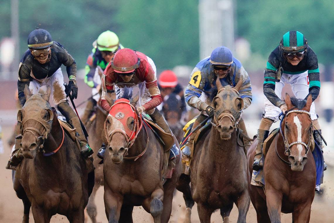 The Japan-bred colt Forever Young, second front left, finished third in the 150th Kentucky Derby. Also shown is runner-up Sierra Leone, left; Catching Freedom (4); and winner Mystik Dan, right. Alex Slitz