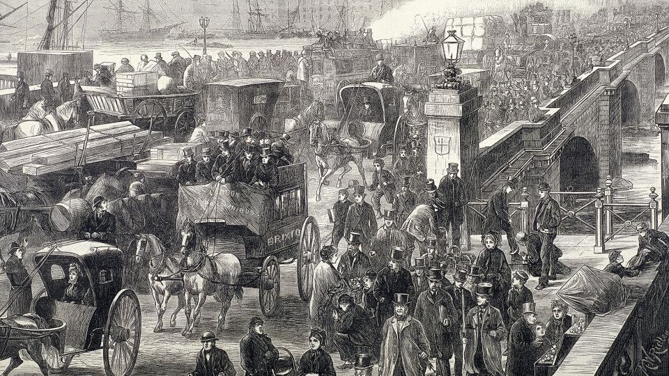 London Bridge in 1872 filled with horses, carriages and pedestrians. As early as 1756, rules were enacted in London to regulate lane traffic. - Guildhall Library & Art Gallery/Heritage Images/Getty Images