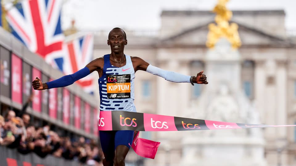 Kiptum celebrates winning the London Marathon last year. - John Walton/AP