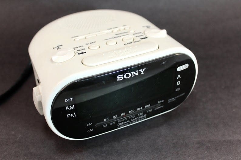 A white Sony Dream Machine alarm clock