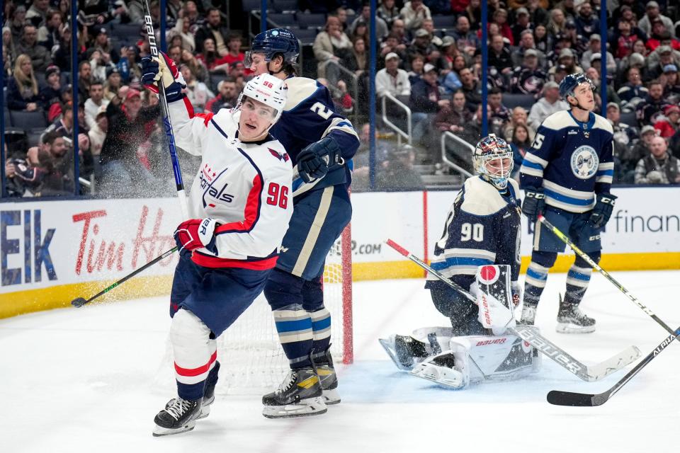 Jan 5, 2023; Columbus, Ohio, USA;  Washington Capitals right wing Nicolas Aube-Kubel (96) skates away after scoring the Washington Capitals’ second goal during the second period of the NHL game between the Columbus Blue Jackets and the Washington Capitals on Thursday night at Nationwide Arena. Mandatory Credit: Joseph Scheller-The Columbus Dispatch