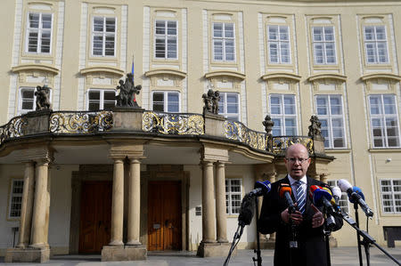 Czech Prime Minister Bohuslav Sobotka speaks to journalists at Prague Castle in Prague, Czech Republic May 4, 2017. REUTERS/David W Cerny