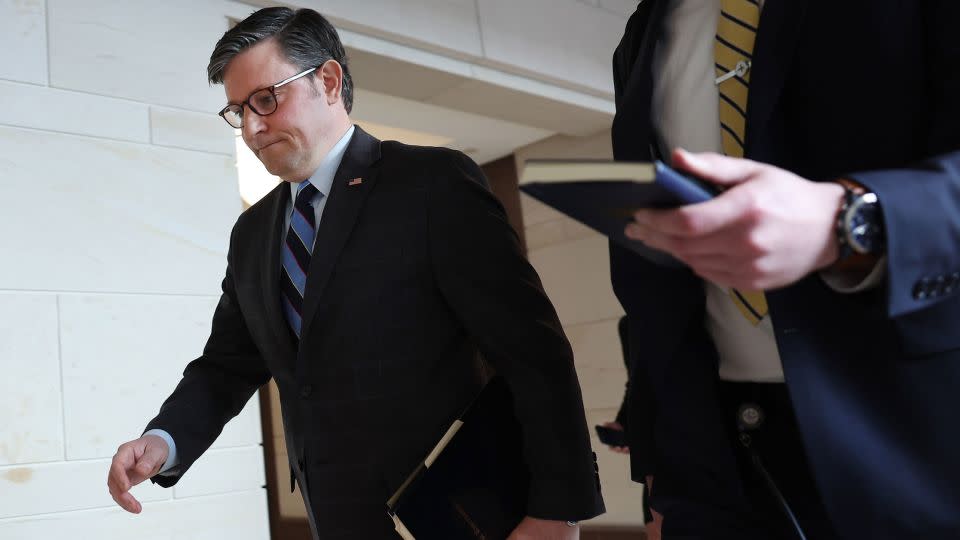 Speaker of the House Mike Johnson departs from a House Republican caucus meeting at the US Capitol on February 6, in Washington, DC. - Kevin Dietsch/Getty Images