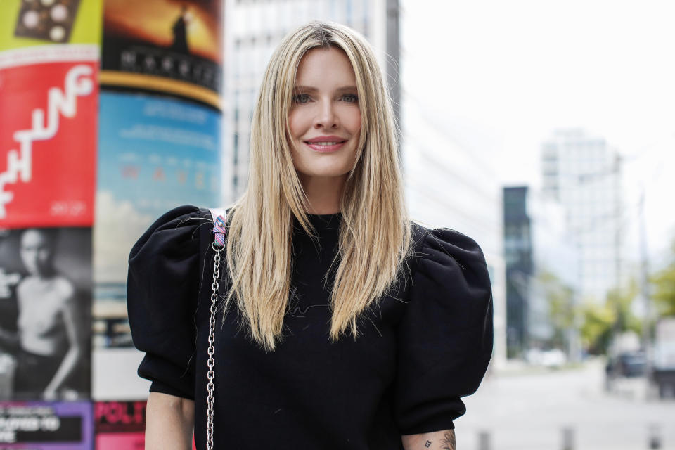 HAMBURG, GERMANY - JULY 24: German actress and presenter Mirja du Mont wearing a pink and blue bag by Louis Vuitton and a black sweater with big puff sleeves by Marina Hoermanseder during a street style shooting on July 24, 2020 in Hamburg, Germany. (Photo by Streetstyleograph/Getty Images)