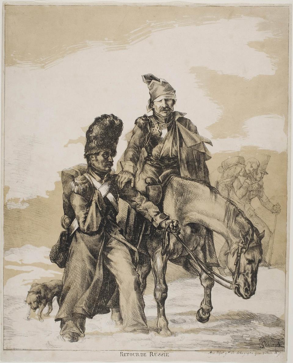 A drawing of a man on a horse with an arm in a sling as his right arm is on the shoulder of another soldier. Another soldier is guiding a horse.