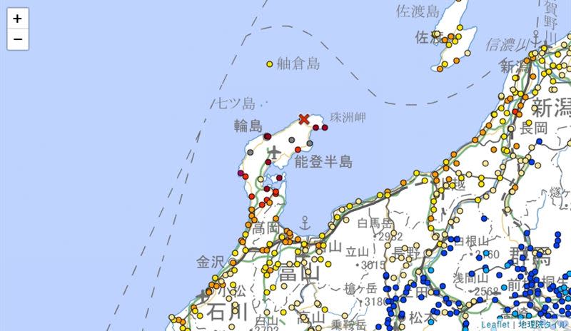 日本石川縣能登地區元旦下午接連發生數起地震，最大規模達7.6。（圖／翻攝自日本氣象廳官網）